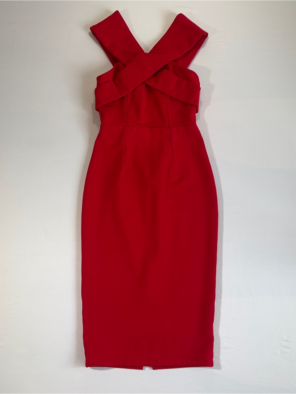 Saints + Secrets Elegant Red Cross-Strap Midi Sheath Dress